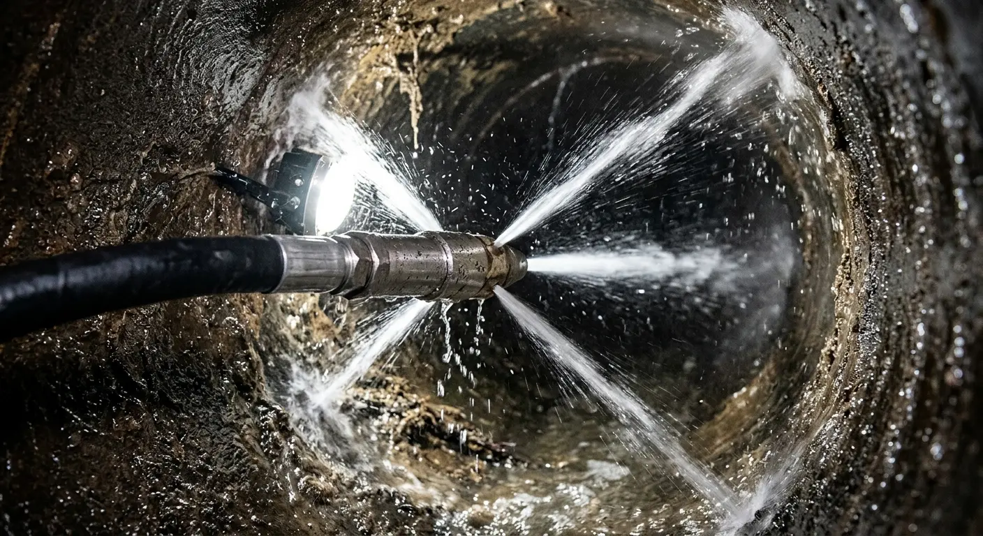 High-pressure hydro jetting nozzle cleaning sewer pipe for Sewer Cleanout in Beach Park