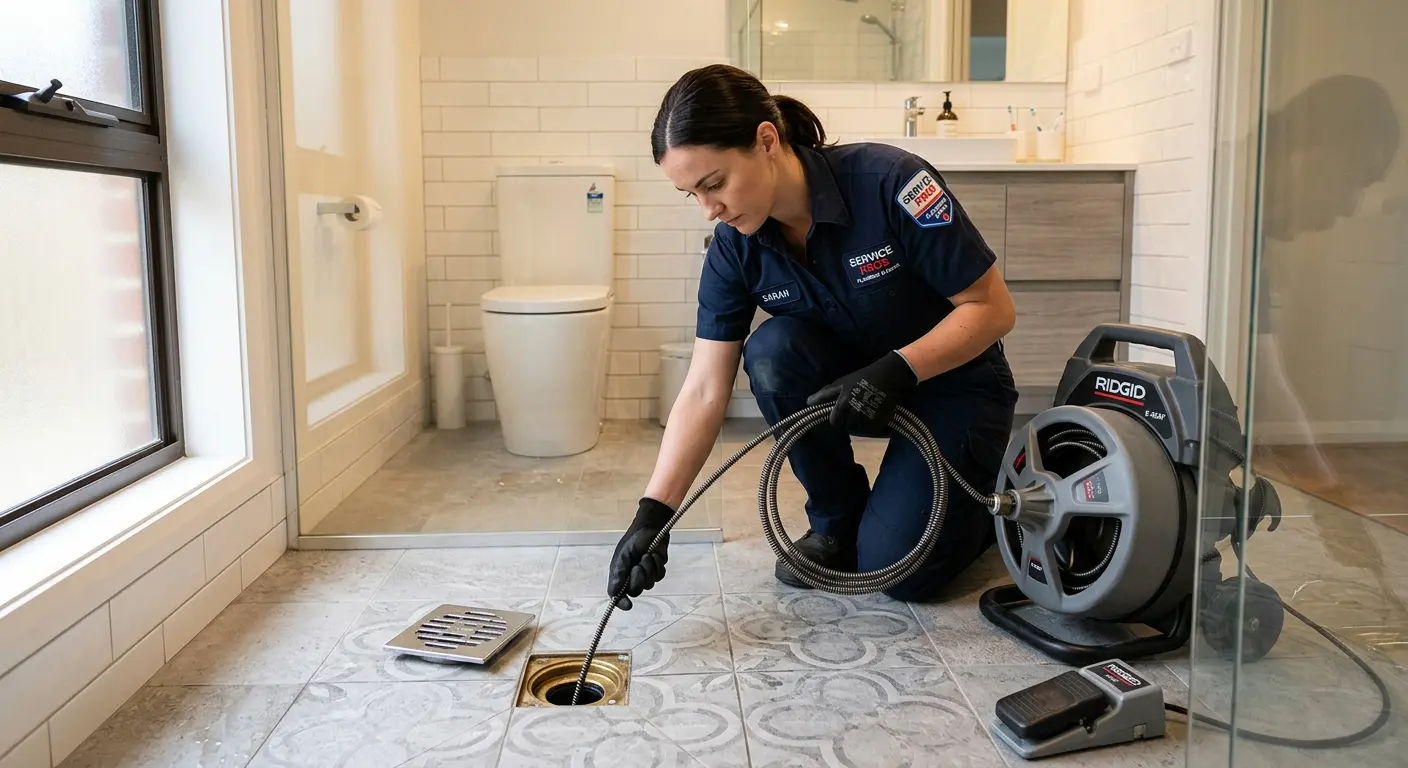 Technician clearing a bathroom floor drain for Clogged Drain Repair in Beach Park